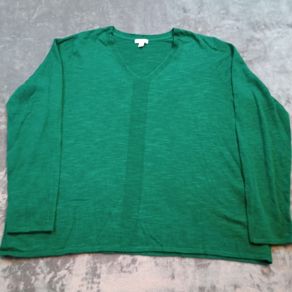 J Jill‎ Long Sleeve Knit Pullover Top Kelly Green Womens L Cotton Linen V Neck